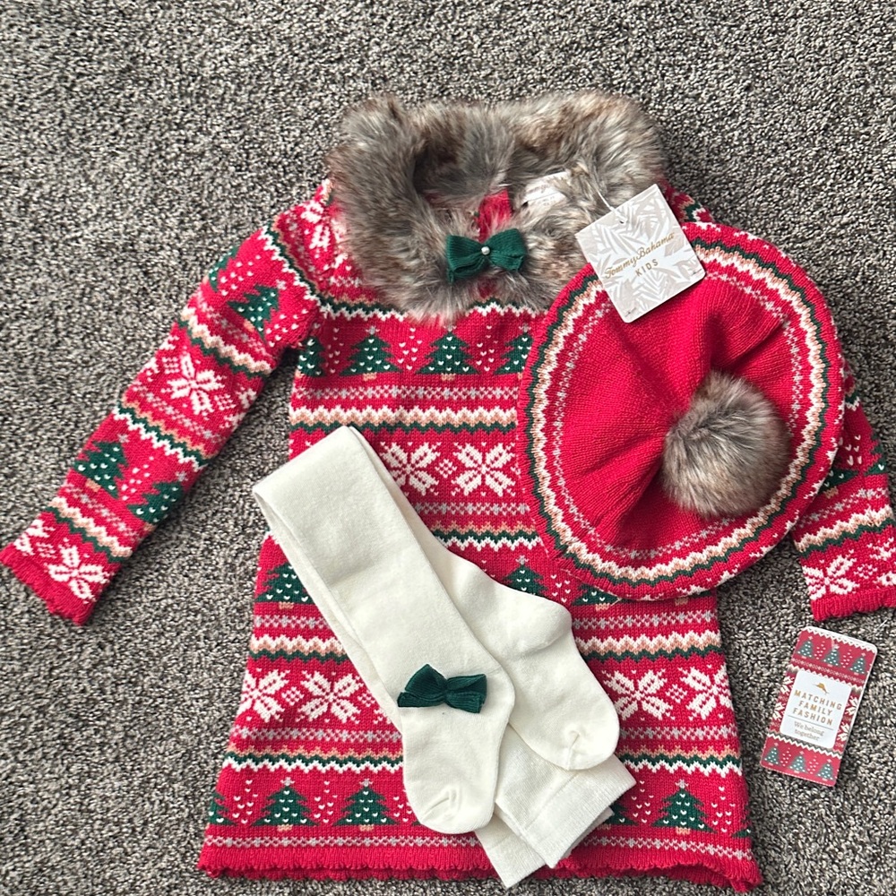 Girls 2T Tommy Bahama Red/Green Holiday Knit Dress Set. NWT.